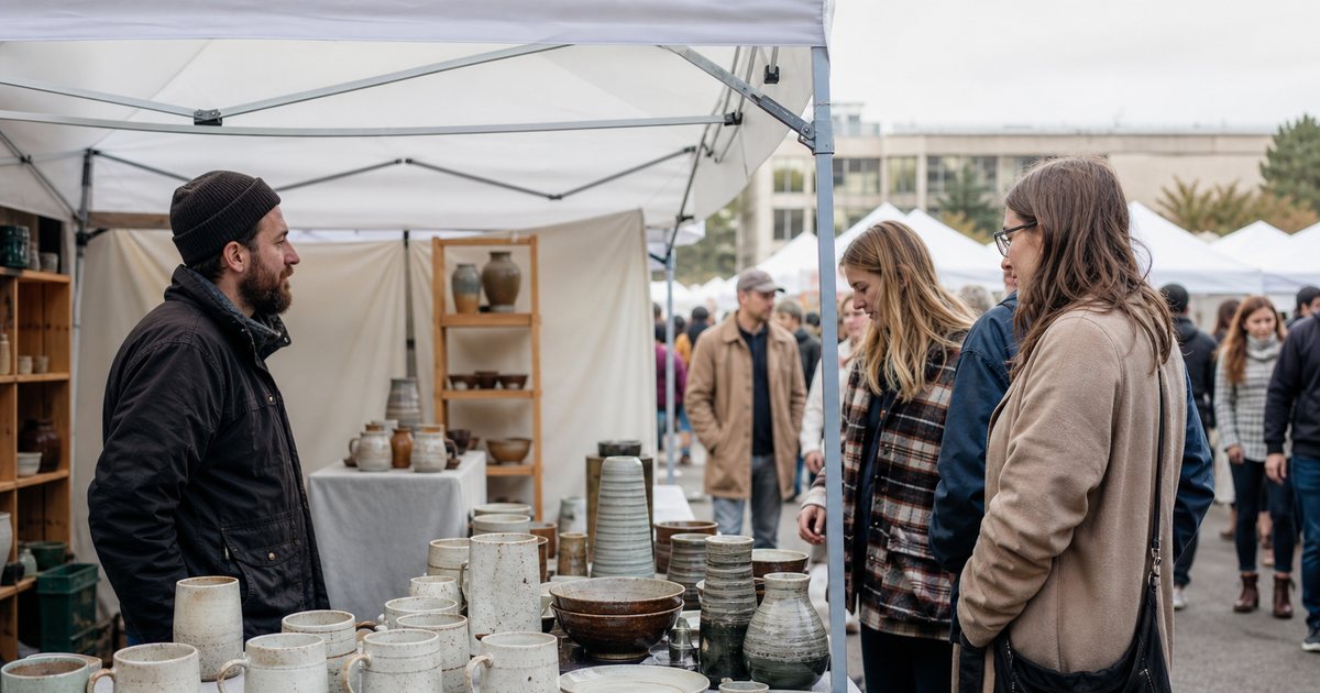 A maker standing behind a folding table under a white canopy at an outdoor craft fair, handmade pottery arranged on the table, a few shoppers browsing the aisle, overcast daylight