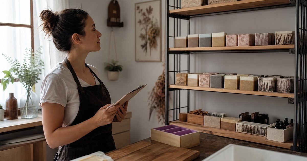A soap maker in a home studio looking at a shelf of wrapped bars while holding a clipboard, cutting board and molds on the bench beside her, soft natural window light