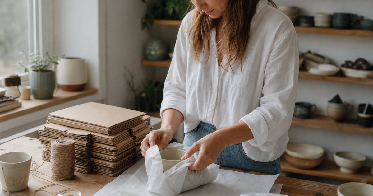 A ceramics maker in a bright home studio wrapping a glazed mug in tissue paper on a wooden work table, stacks of flat cardboard boxes and a spool of twine beside her, soft morning light from a side window