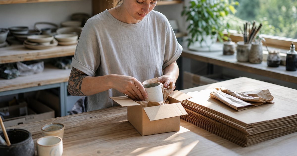 A ceramic artist in a bright studio placing a wrapped mug into a small cardboard shipping box on a wooden table stacked with folded boxes and kraft paper, afternoon light