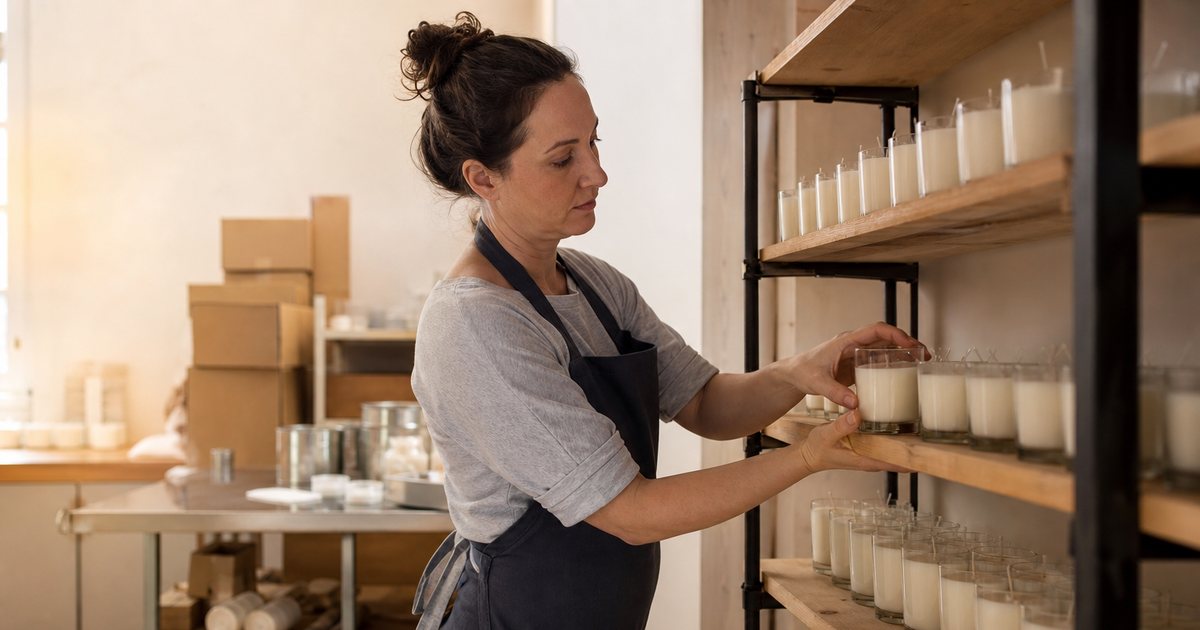 A candle maker in a home workshop lining up rows of finished candles in glass jars on wooden shelves, boxes of wax and wicks stacked beside a work table, warm indoor light