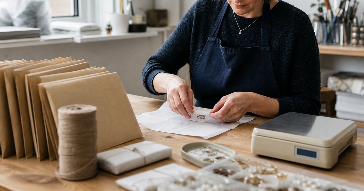 A jewelry maker at a studio table wrapping a small pendant in tissue paper next to a row of kraft mailers, a spool of twine, and a postage scale, bright daylight from a window