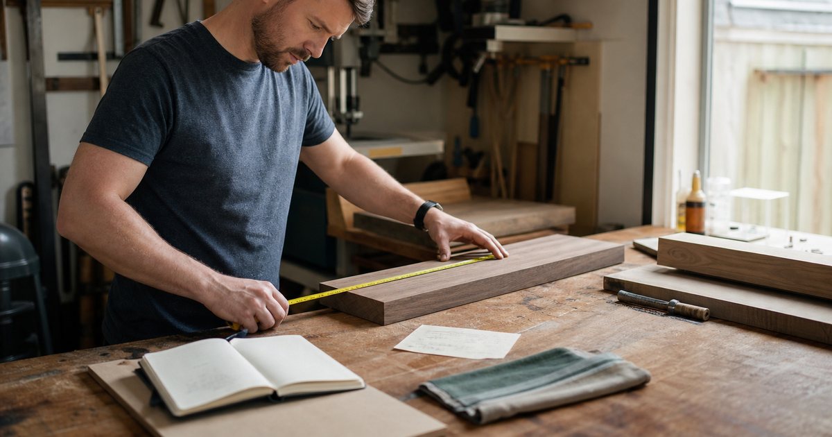 A woodworker at a workbench in a small garage shop measuring a piece of walnut with a tape measure, a fabric swatch and a wood sample beside a closed notebook, natural window light