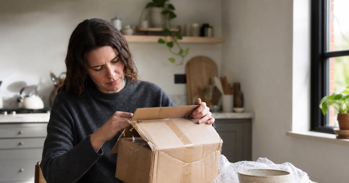 A maker at a kitchen table opening a returned parcel, a slightly dented shipping box and a wrapped ceramic bowl beside a roll of tape and a notepad, morning light through a window
