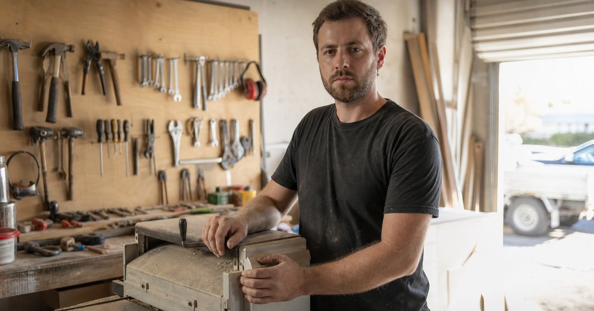 A woodworker standing beside a benchtop machine in a small garage workshop, hands resting on the housing, fine sawdust in a shaft of afternoon light from an open roller door, hand tools hanging on a pegboard wall behind