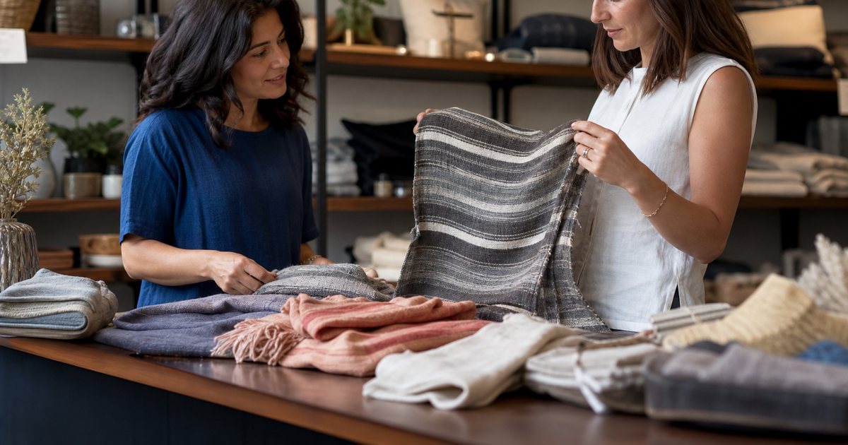 A maker presenting handmade textile goods laid out on a counter in a small boutique while the shop owner examines a scarf, shelves of merchandise in soft focus behind them